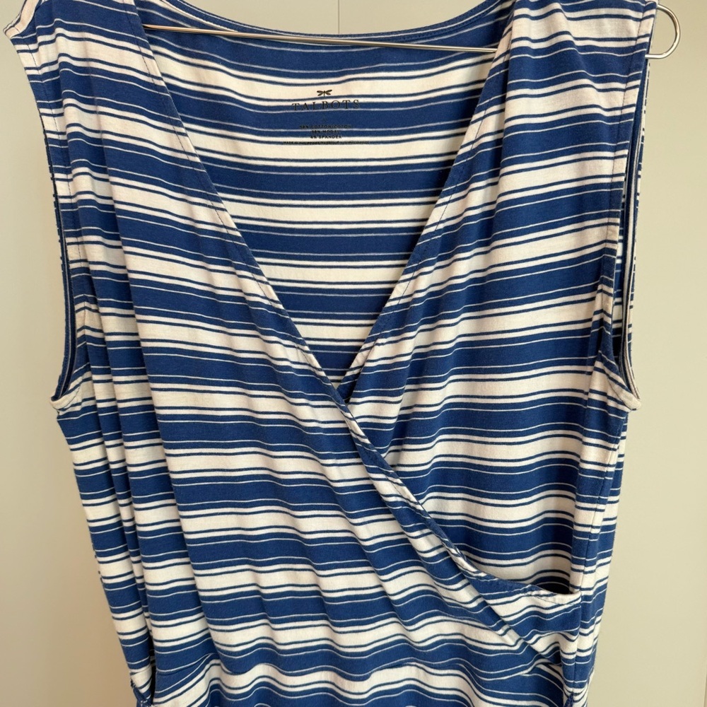 Talbots Blue & Cream Striped Faux Wrap Dress Size L Sleeveless Stretch Midi - Picture 6 of 11